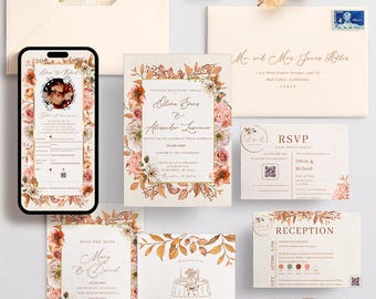 Boho Wildflowers Wedding Invitation Set (Editable Canva)