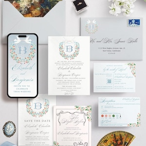 Puede incluir: Conjunto de papelería de boda elegante con motivos florales y de palomas. Incluye invitaciones, tarjetas de save-the-date, tarjetas de respuesta y una tarjeta de recepción. Un smartphone muestra una invitación digital.