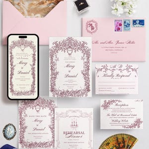 Regency wedding invitation suite including RSVP card, details card, save the date and animated invite