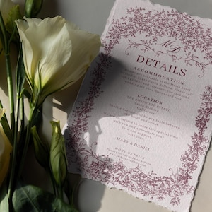 Regency wedding details card with floral border and vintage estate wedding stationery design
