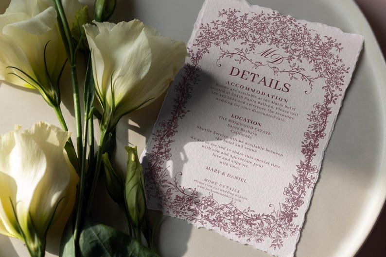 Regency wedding details card with floral border and vintage estate wedding stationery design