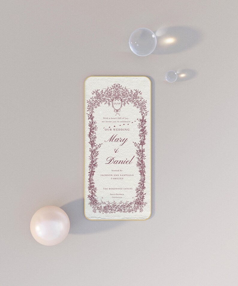 Mobile wedding invitation template editable in Canva with Regency inspired design