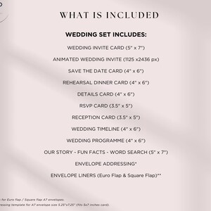 Pu&ograve; includere: Un elenco di articoli di cancelleria per matrimoni, tra cui un biglietto d'invito (12,7 cm x 17,8 cm), un biglietto salva data (10,2 cm x 15,2 cm) e un biglietto RSVP (8,9 cm x 12,7 cm). L'immagine elenca anche un invito di nozze animato, un biglietto per la cena di prova, un biglietto di dettagli, un biglietto di ricevimento, una tabella di marcia del matrimonio e un programma di nozze.