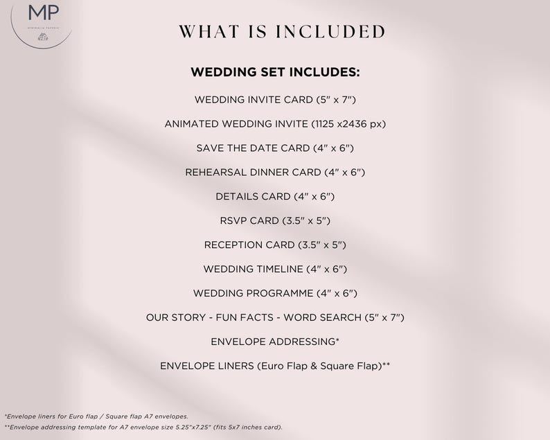 Pu&ograve; includere: Un elenco di articoli di cancelleria per matrimoni, tra cui un biglietto d'invito (12,7 cm x 17,8 cm), un biglietto salva data (10,2 cm x 15,2 cm) e un biglietto RSVP (8,9 cm x 12,7 cm). L'immagine elenca anche un invito di nozze animato, un biglietto per la cena di prova, un biglietto di dettagli, un biglietto di ricevimento, una tabella di marcia del matrimonio e un programma di nozze.