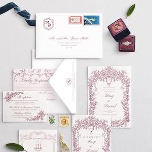 Customizable vintage invitation template with monogram frame.