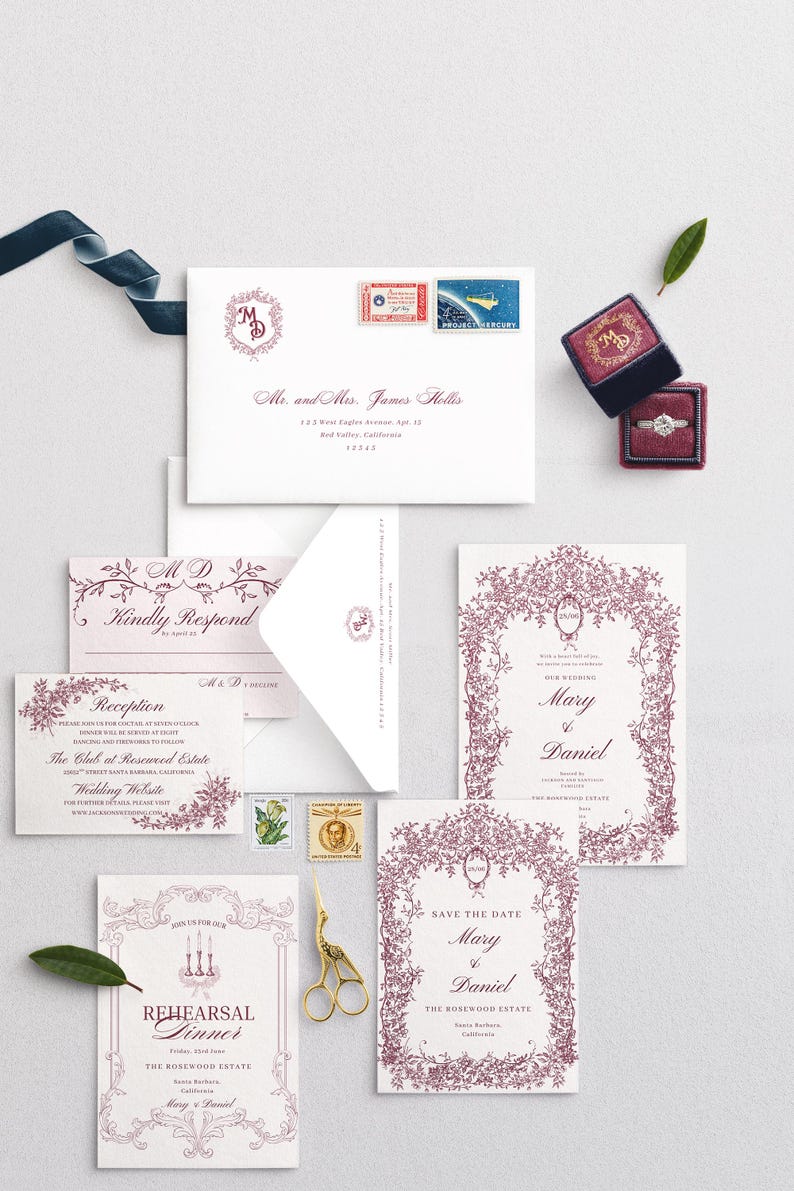 Customizable vintage invitation template with monogram frame.