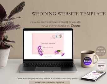 Puede incluir: Un portátil muestra una plantilla de sitio web de bodas con un diseño de invitación rosa, flores moradas y el texto "You are invited 15.08.2028." También se ven una taza con el logotipo de Canva y un teléfono inteligente. El texto "WEDDING WEBSITE TEMPLATE" está incluido.