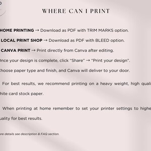 Pu&ograve; includere: Grafica rosa chiaro con il testo "WHERE CAN I PRINT" e istruzioni per la stampa a casa, presso una tipografia locale o con Canva. Il testo consiglia di utilizzare carta di cartoncino bianca di alta qualit&agrave; e grammatura elevata per risultati ottimali.