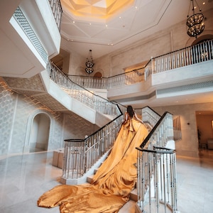 Gold Flying Dress | Extra Long Train for Photoshoots | Photoshoot Dress|Flying dress image 3