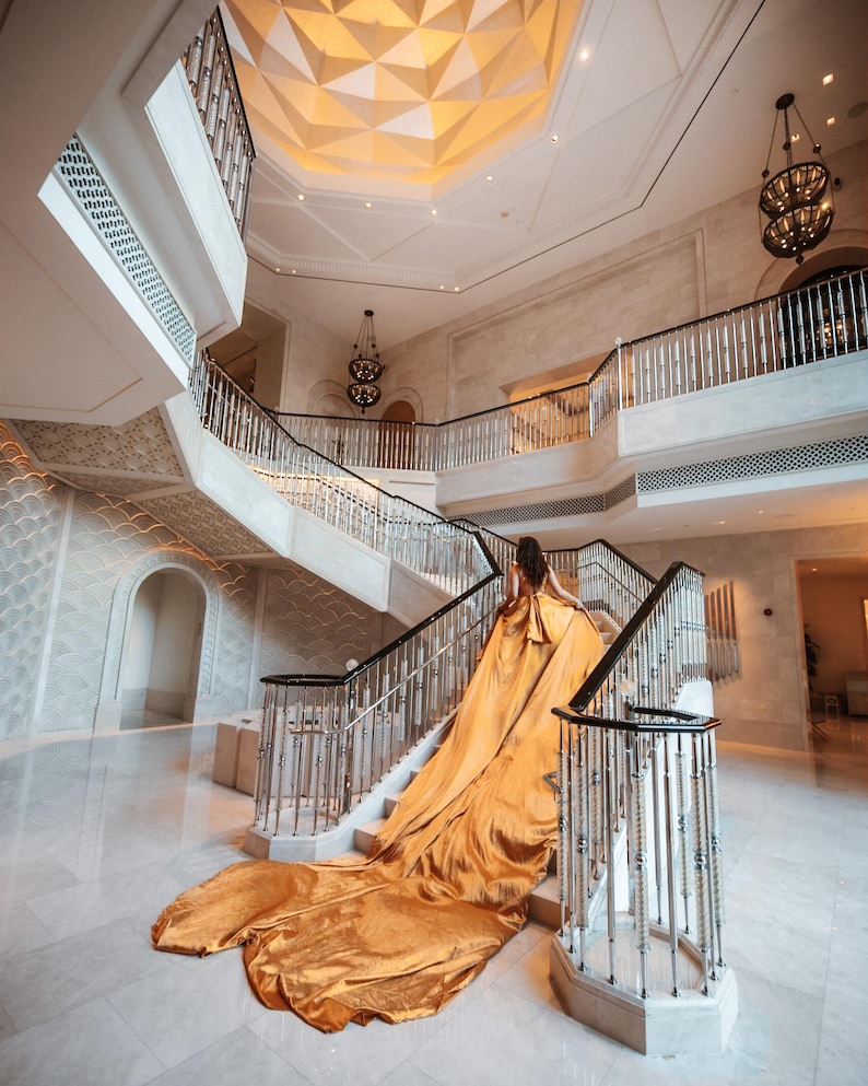 Gold Flying Dress | Extra Long Train for Photoshoots | Photoshoot Dress|Flying dress image 3