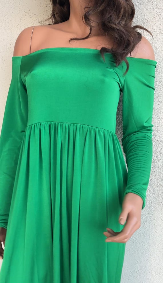 Kelly Green Off Shoulder Maternity Dress: Long Sleeve Empire Waist Gown