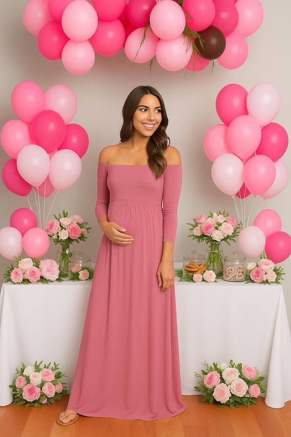 Dusty Pink Off Shoulder Maternity Maxi Dress: Baby Shower Gown Dusty Pink Off Shoulder Maternity Maxi Dress: Baby Shower Gown