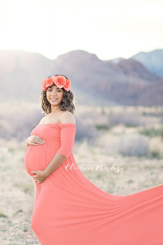 Coral Pink Off-Shoulder Maternity Gown: Long Sleeve Empire Waist Maxi Dress