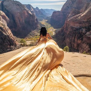 May include: A woman in a golden gown sits on a rock overlooking a canyon. The flowing fabric of the dress contrasts with the rugged landscape of the mountains and valley below. The sky is blue with a few clouds.