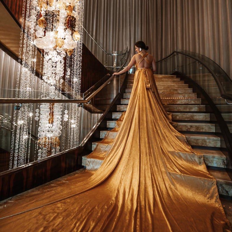 Gold Flying Dress | Extra Long Train for Photoshoots | Photoshoot Dress|Flying dress image 2