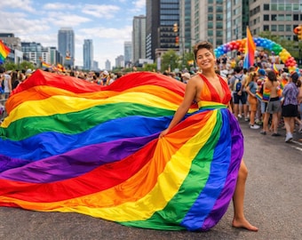 May include: A person wearing a rainbow dress with a low neckline, posing in front of a crowd. The dress has a long train of rainbow fabric. The scene is a Pride parade, with rainbow flags and decorations visible in the background.