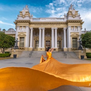 May include: A woman in a flowing, golden-yellow dress poses in front of the Riverside County Courthouse. The building features white columns and a cream-colored facade under a blue sky. The dress fabric billows dramatically.