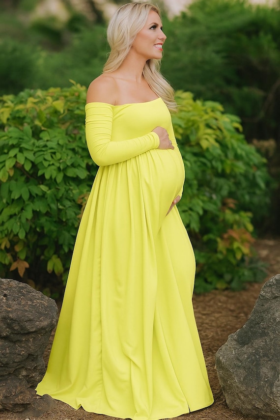 Light Yellow Maternity Gown: Off-Shoulder Empire Waist Maxi Dress