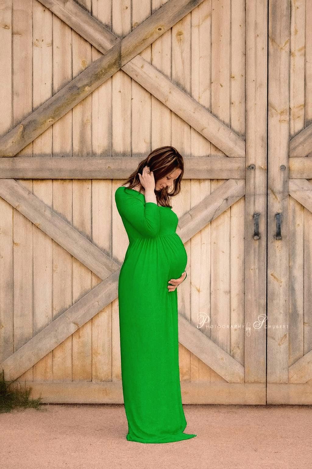 Kelly Green Off Shoulder Maternity Dress: Long Sleeve Empire Waist Gown