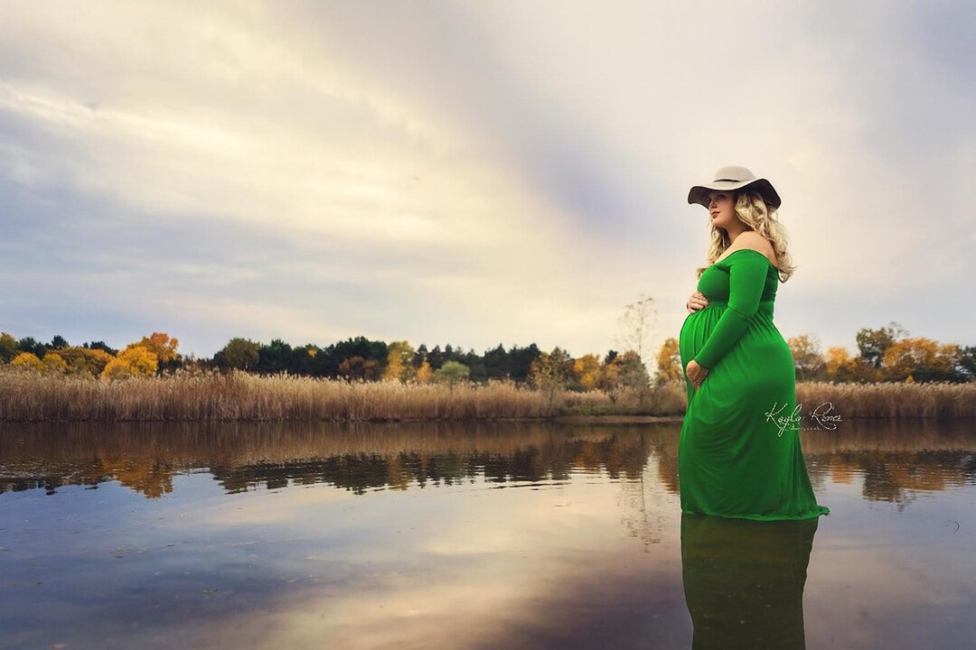 Kelly Green Off Shoulder Maternity Dress: Long Sleeve Empire Waist Gown