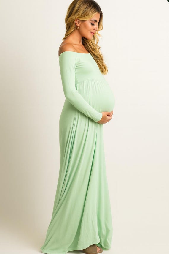 Mint Green Off-Shoulder Maternity Maxi Dress: Baby Shower Gown