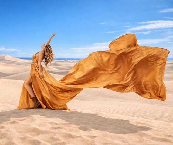 Gold Flying Dress | Extra Long Train for Photoshoots | Photoshoot Dress|Flying dress
