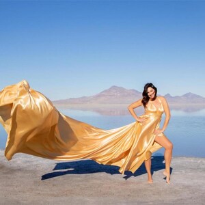 Gold Flying Dress | Extra Long Train for Photoshoots | Photoshoot Dress|Flying dress image 4