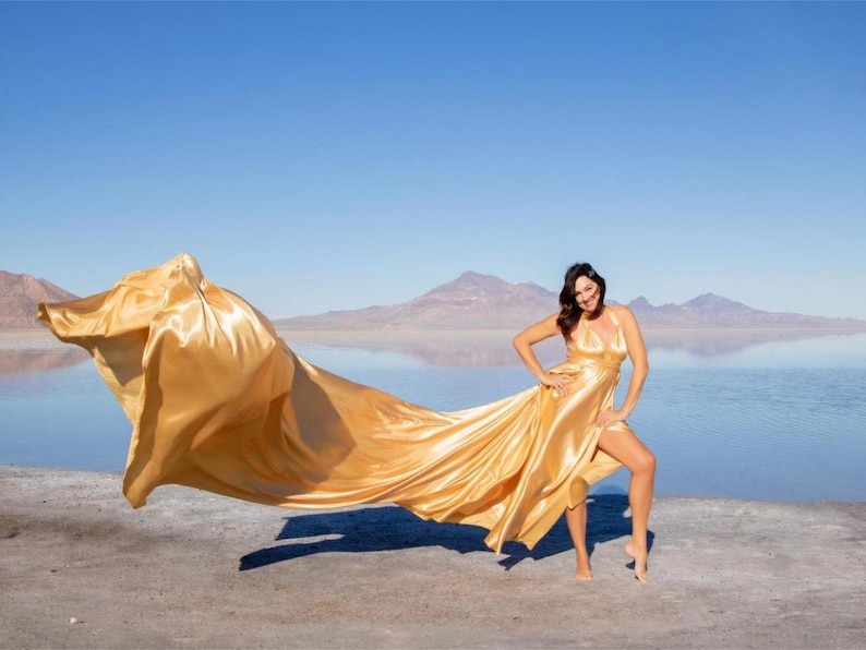 Gold Flying Dress | Extra Long Train for Photoshoots | Photoshoot Dress|Flying dress image 4