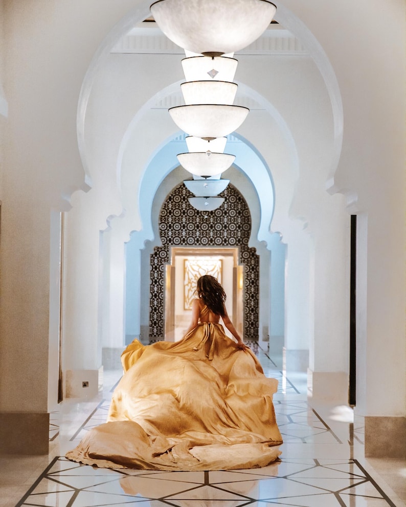 Gold Flying Dress | Extra Long Train for Photoshoots | Photoshoot Dress|Flying dress image 19