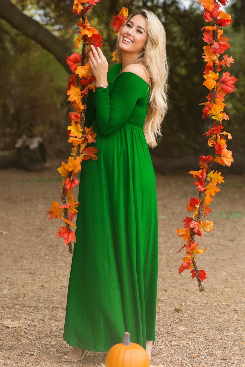 Kelly Green Off Shoulder Maternity Dress: Long Sleeve Empire Waist Gown