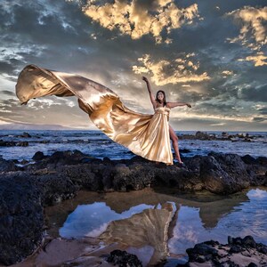 Gold Flying Dress | Extra Long Train for Photoshoots | Photoshoot Dress|Flying dress image 5