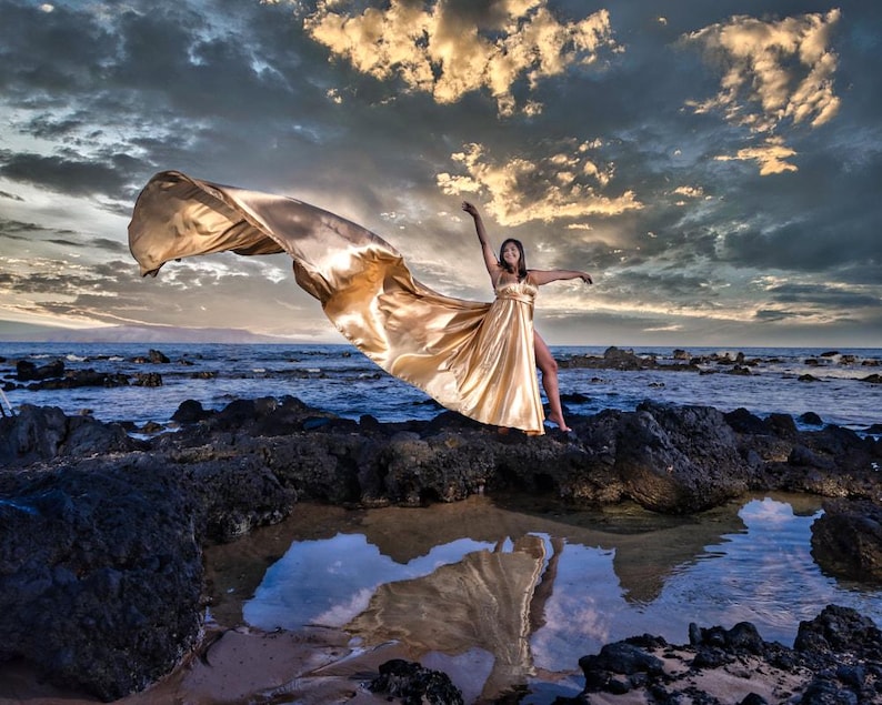 Gold Flying Dress | Extra Long Train for Photoshoots | Photoshoot Dress|Flying dress image 5