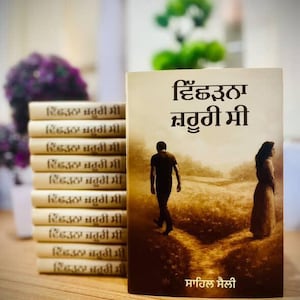 以下が含まれることがあります： 背表紙にパンジャブ語のテキストが書かれた本の山と、セピア色の表紙の本。表紙には、女性から離れて歩く男性のシルエットが描かれています。タイトルはパンジャブ語です。