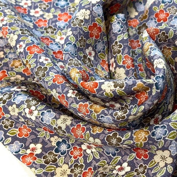 Vintage Kimono Silk Fabric Slate Blue Small Weeping Sakura Pattern Japanese Textile Sewing Quilting