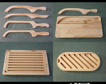 May include: Four light-colored wooden bread bows and three wooden cutting boards with various slot designs. The text BREAD BOWS AND CUTTING BOARDS and AI DXF EPS PDF SVG 4 BOWS 3 BOARDS is visible in white against a black background.