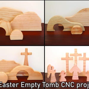 May include: A collection of unfinished wooden Easter-themed CNC projects. The set includes various shapes such as crosses, angels, and empty tomb scenes. The text "3 x Easter Empty Tomb CNC projects" is visible at the bottom.