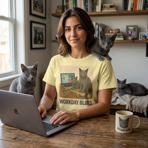 Workday Blues Cat Illustration Tee | Boxy Crop Shirt