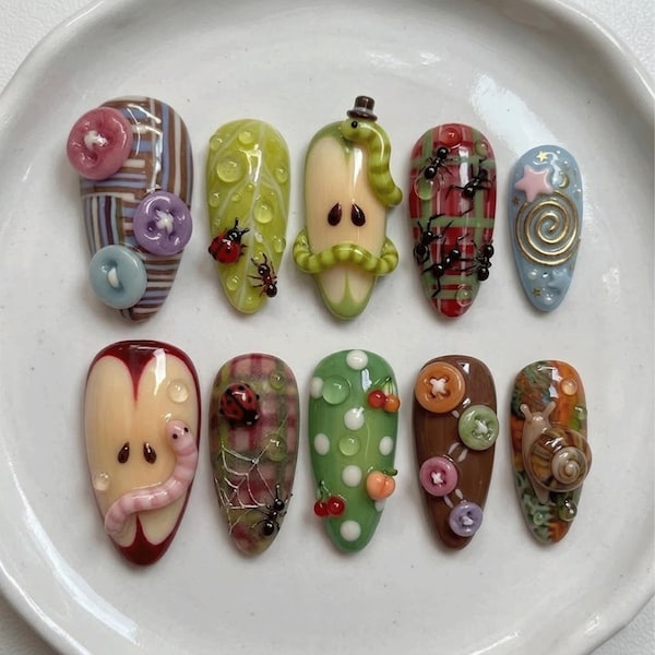 Whimsical Garden Press On Nails | 3D Apple Worm Ladybug Nail Art | Handmade Cottagecore Bug Nails | Custom Reusable Button Aesthetic Nails