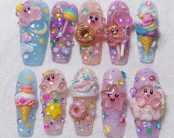 Kawaii Kirby Press On Nails | Cute Pastel Candy Nail Art | 3D Donut Ice Cream Lollipop Nails | Rainbow Sweet Dessert Cute Press On Set