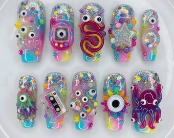 Uñas postizas Weirdcore Y2K / Uñas psicodélicas con ojos alienígenas 3D / Uñas indie maximalistas coloridas / Set de uñas hechas a mano con estilo funky kawaii