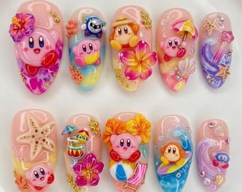 Kirby Summer Vacation Press On Nails | 3D Hand-Painted Character & Tropical Elements | Kawaii Pastel Aesthetic Quality | Almond Style Gift