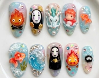 Handgefertigte Ghibli Charakter Drücken Sie auf die Nägel | 3D Calcifer Kein Gesicht Haku Ponyo Anhänger | Pastell süße Premium falsche Nägel | Individuelle Easy Wear Reuse