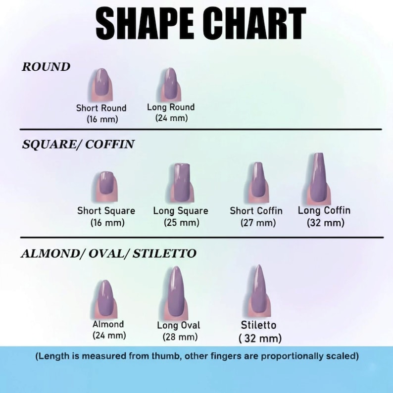 May include: A nail shape chart with the title "SHAPE CHART" at the top. The chart displays various nail shapes, including Round, Square/Coffin, and Almond/Oval/Stiletto. Each shape is shown with a visual example and its length in millimeters.