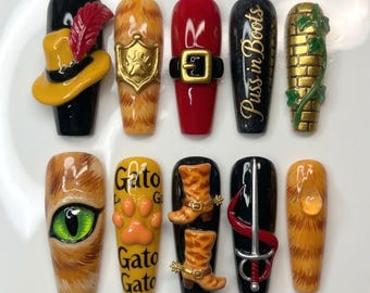 Uñas postizas de gato hechas a mano / Espada y botas 3D pintadas a mano con ojos de gato / Estética de cuento de hadas premium / Linda manicura reutilizable de fantasía