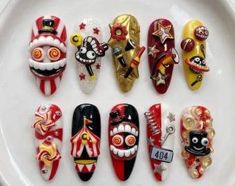 Handmade Caine TADC Press On Nails | 3D Clown Tent Handpainted Star Eyeball | Dark Creepy Cute Aesthetic | Long Stiletto Reusable Manicure
