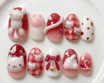 Handmade Kawaii Cat Press On Nails | Pink Gingham Hearts & 3D Kitty Paw Design | Cute Valentine Cat Lover Nail Set