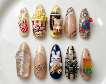 Movie Night Cinema Press On Nails | 3D Popcorn Ticket Bear Charms, Hand-Painted Film Strip Art, Kawaii Luxury Glossy Gel Custom Fake Nails