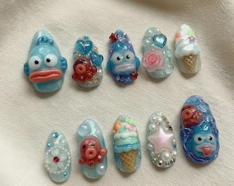Kawaii Blue Cartoon Press On Nails | Cute Fish Ice Cream Star 3D Nail Art | Pastel Ocean Handmade Press On Nails Set