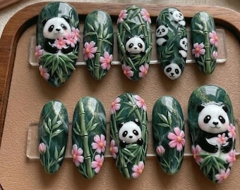Cute Panda Press On Nails | Bamboo Forest Nail Set | Green Nature Animal Nails with Pink Flowers | Handmade Kawaii Aesthetic Press Ons
