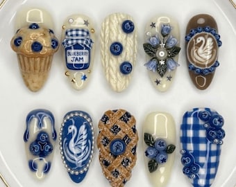 Blueberry Dessert Press On Nails | 3D Jam Jar Muffin Pie Design | Cute Food Nail Art | Handmade Glue On Nails | Kawaii Sweet Nails Set